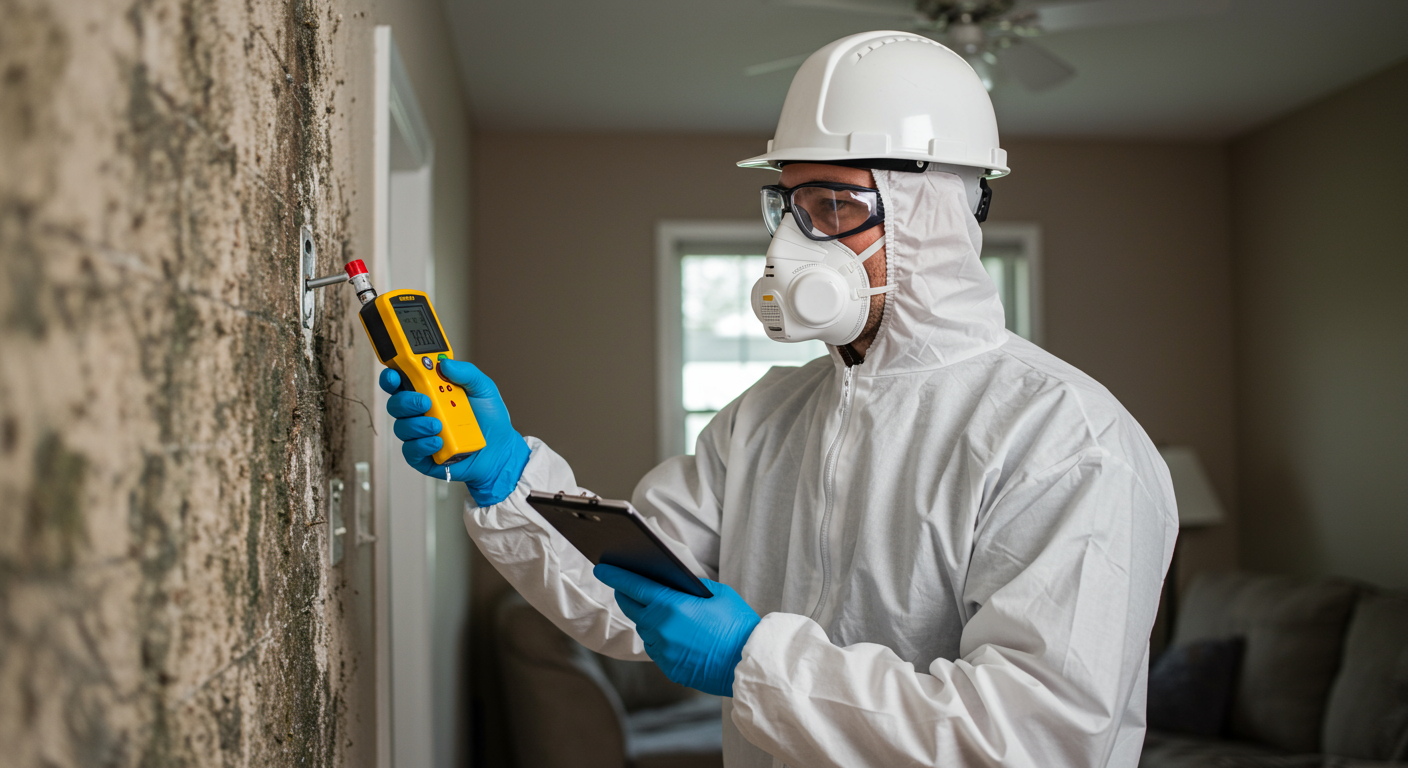 A professional mold inspector examining a wall with a moisture meter, wearing protective gear. The background shows a home interior with visible signs of mold growth.