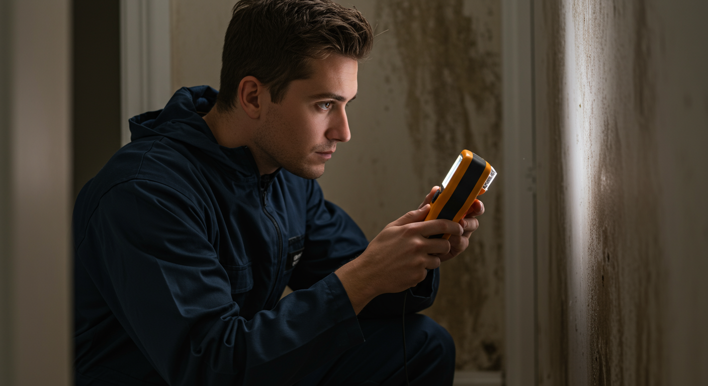 A professional mold inspector examining a damp wall with a moisture meter, highlighting the inspection process.