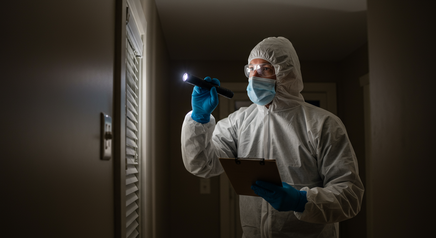 A professional mold remediation technician in protective gear inspecting a home for mold growth. The technician is using a flashlight to examine dark corners, showcasing the thoroughness of the inspection process.