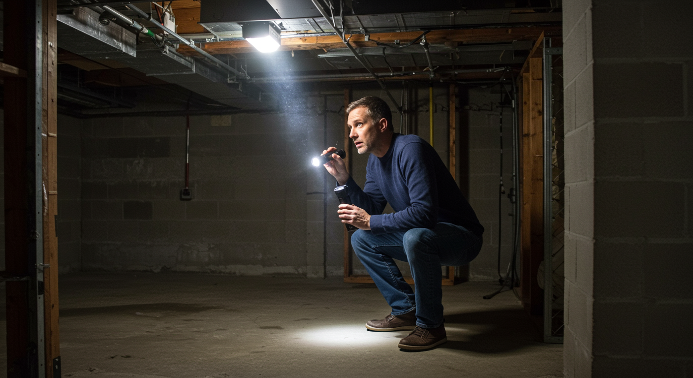 An image of a homeowner inspecting a basement with a flashlight, looking for signs of moisture and mold. The setting is well-lit, emphasizing diligence in home maintenance.