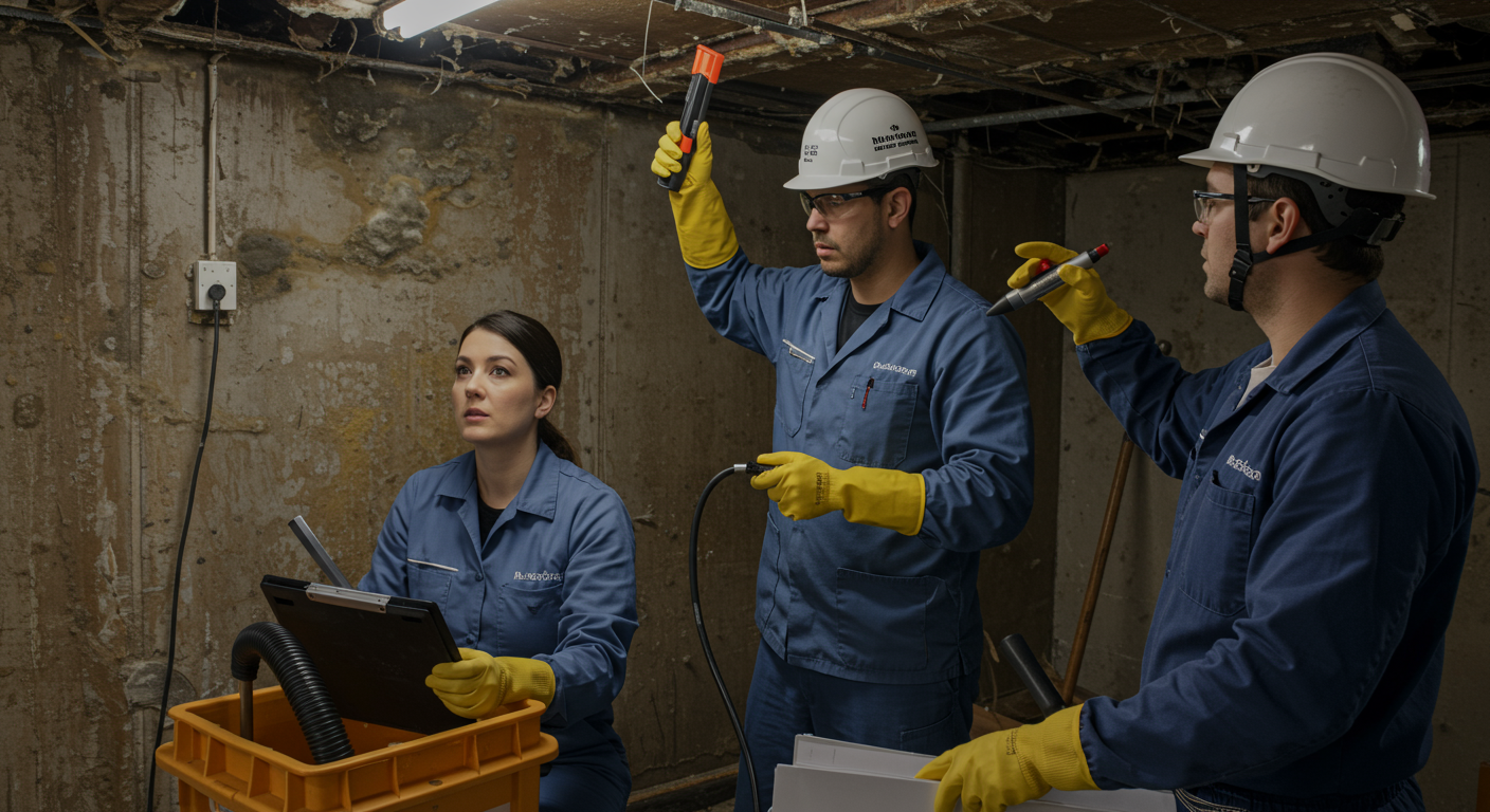 A professional mold remediation team working together to remove mold from a basement. They are using tools and equipment while communicating effectively.