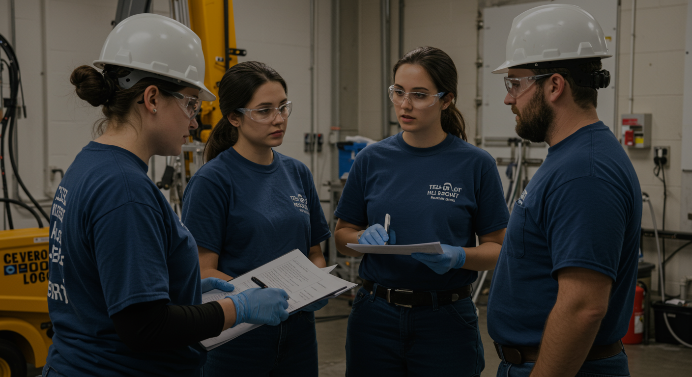 A team of mold remediation professionals collaborating on a mold removal project, discussing strategies with equipment in the background. The team is engaged and focused on their task.