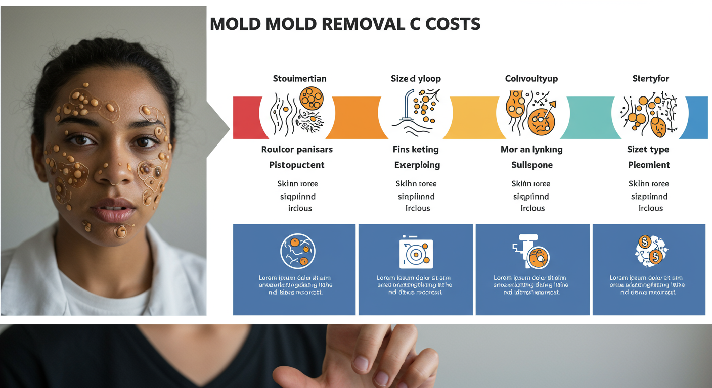 An infographic-style image showing a visual breakdown of mold removal costs, with icons representing different factors (size, type of mold, etc.) without any text.