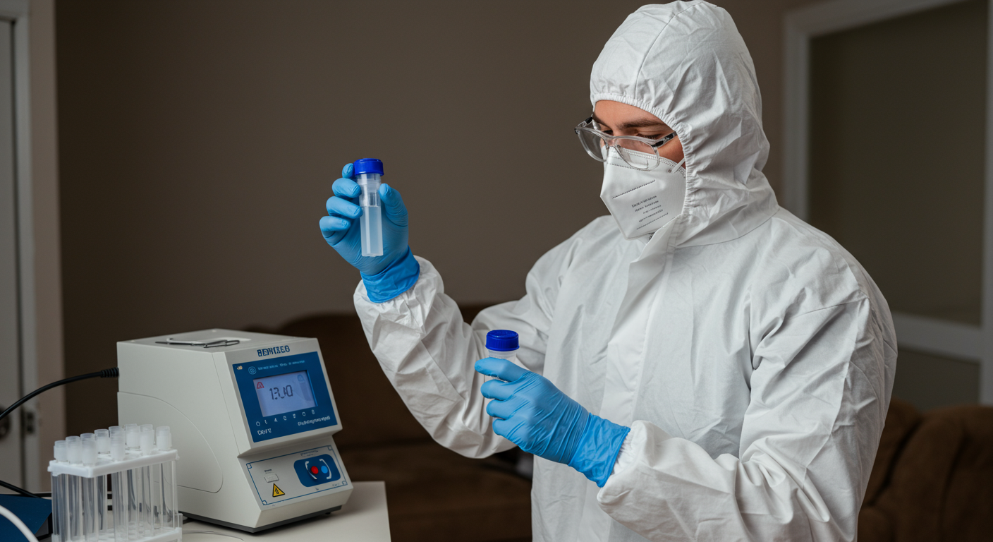 A mold specialist collecting air samples in a residential setting, with lab equipment visible in the background. The image highlights the scientific approach to mold inspection and the importance of accurate testing.