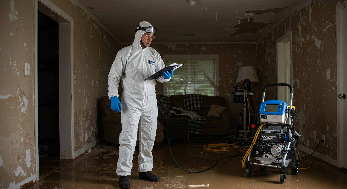 A restoration expert in action, wearing safety gear, inspecting a water-damaged home in Pflugerville. The background shows a partially flooded living room with restoration equipment set up.
