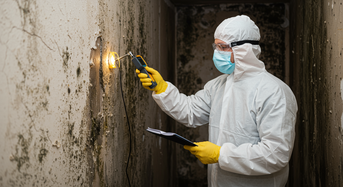 A professional technician in protective gear inspecting a water-damaged wall, with visible mold growth. The technician is using a moisture meter to assess the damage.