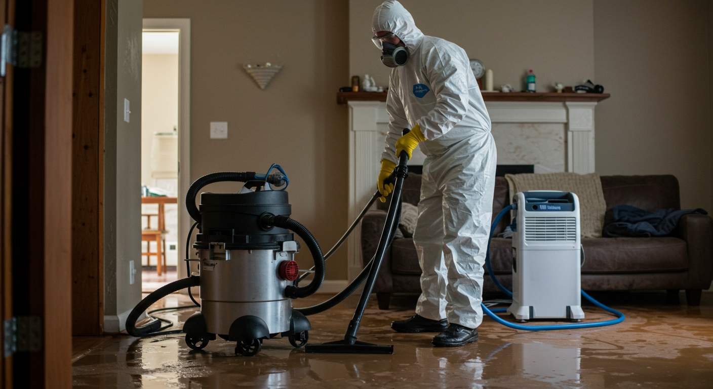 A professional restoration technician actively working to remove water from a flooded living room.