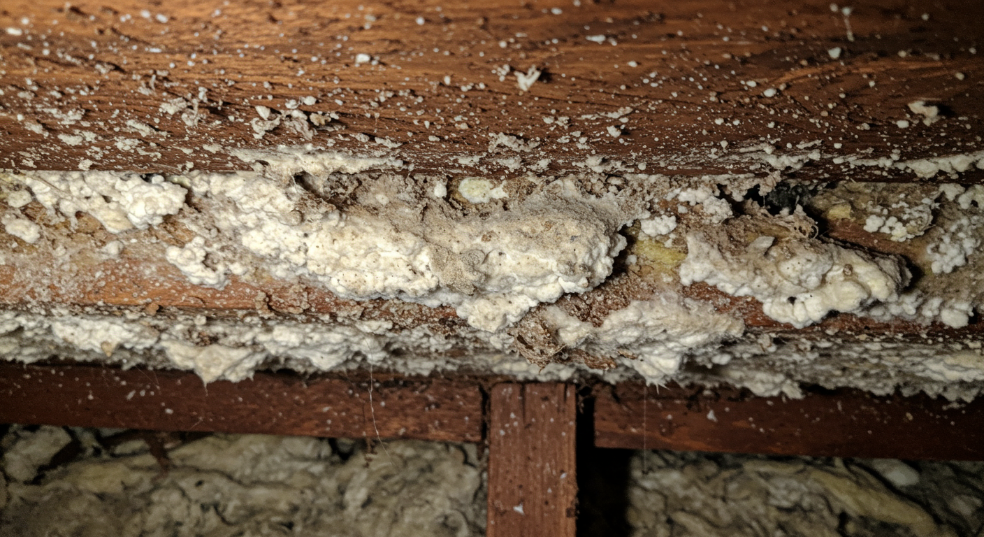 A close-up view of a crawl space showing white mold growing on wooden beams and insulation. The lighting is dim to emphasize the mold's presence, with moisture visible on surfaces.